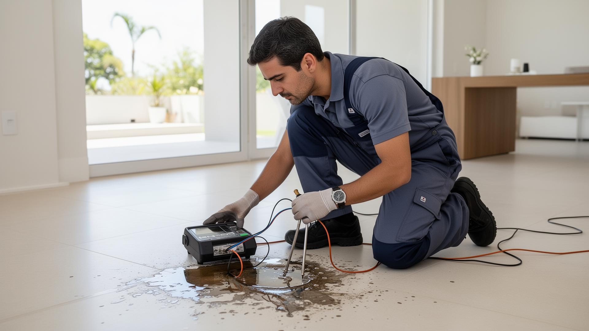Técnico realizando detecção eletrônica de vazamento em residência