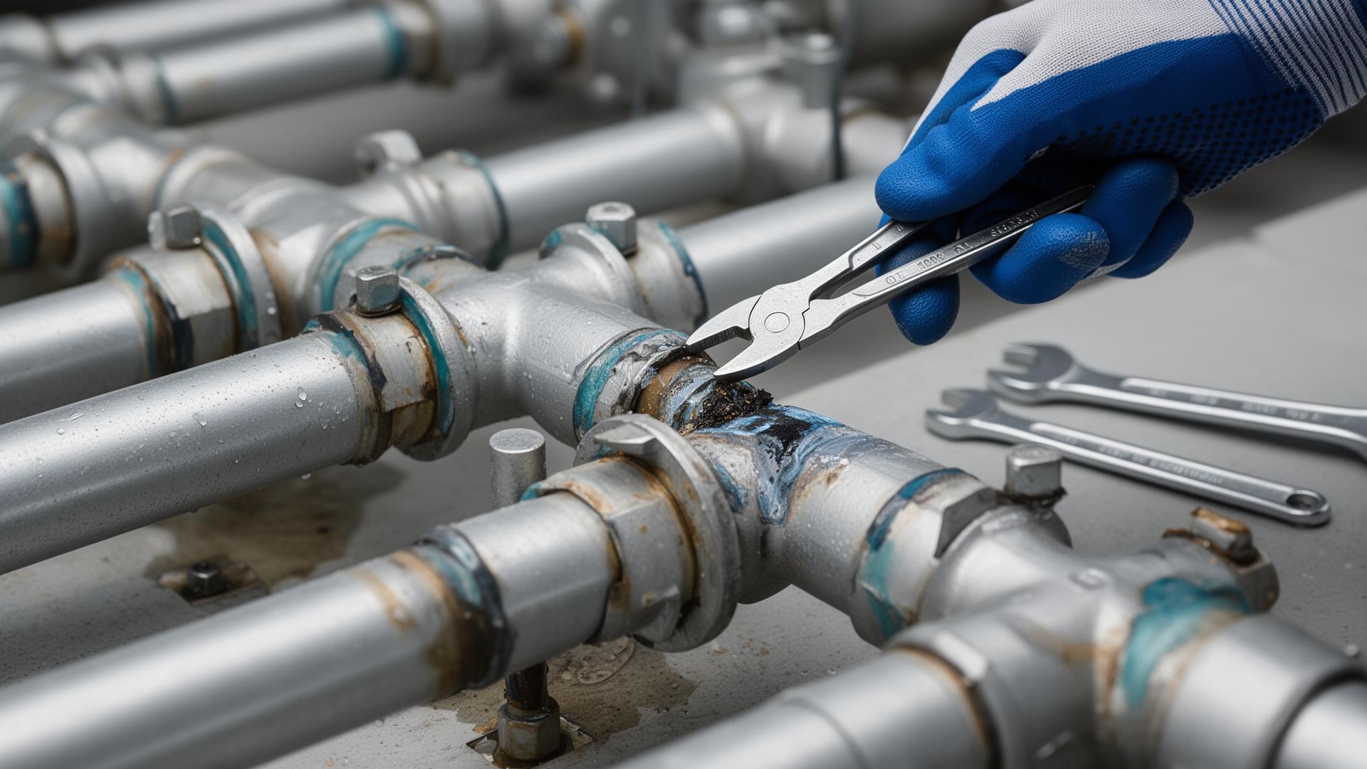 Detalhe de reparo técnico em tubulação com ferramentas profissionais